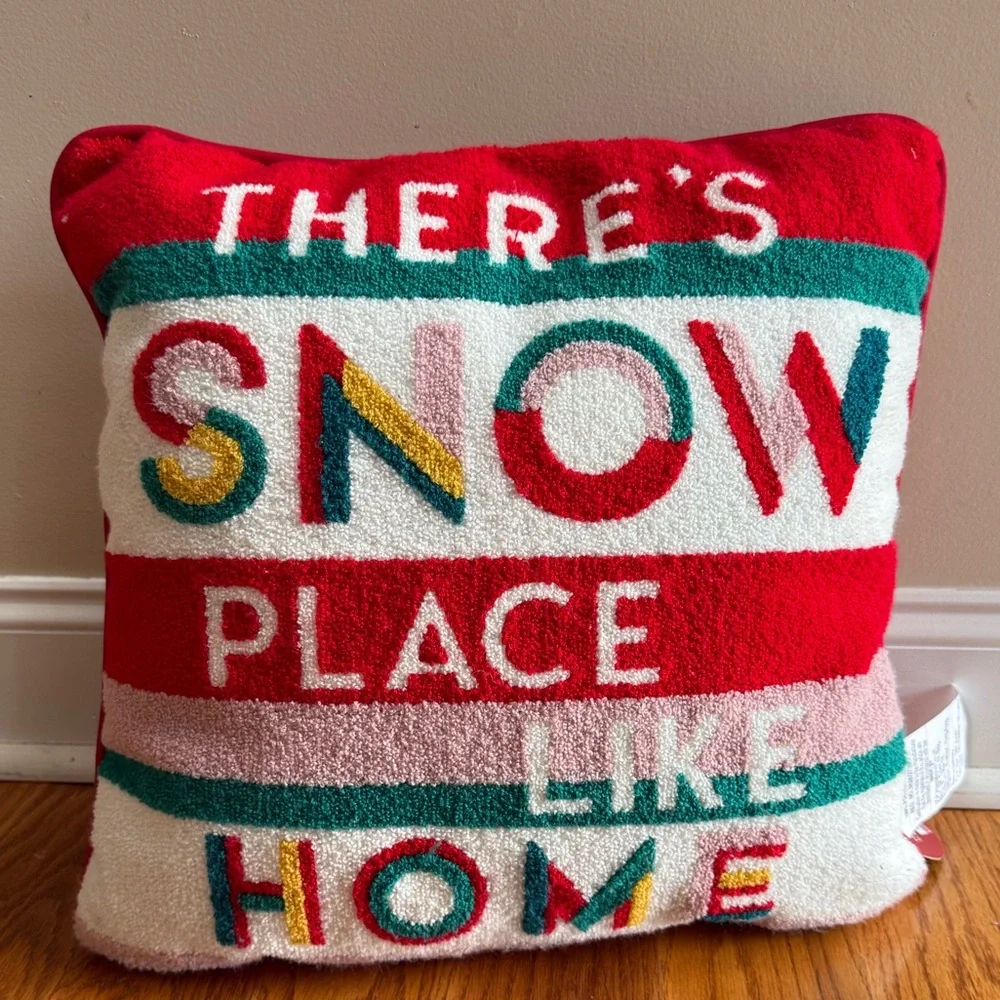 New Festive Holiday Pillow “There’s Snow Place Like Home”, Red, Green, White